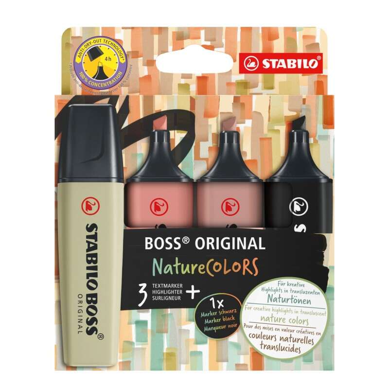 Stabilo Boss Naturecolors Confezione da 4 pennarelli - Tratto da 2 a 5 mm - Inchiostro a base d'acqua - Colori: Nero