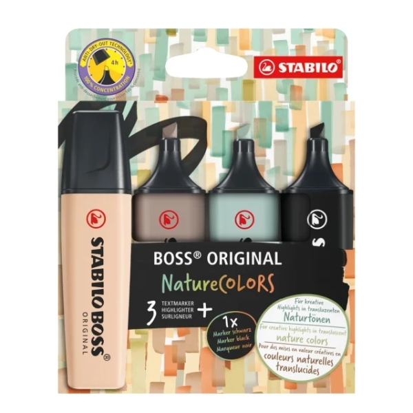 Stabilo Boss Naturecolors Confezione da 4 pennarelli - Tratto da 2 a 5 mm - Inchiostro a base d'acqua - Colori: nero