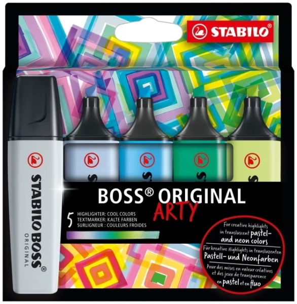 Stabilo Boss Original Arty Confezione da 5 evidenziatori fluorescenti Colori freddi - Tratto tra 2 e 5 mm - Inchiostro a base d'acqua