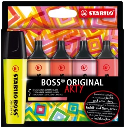 Stabilo Boss Original Arty Confezione da 5 evidenziatori fluorescenti Colori caldi - Tratto da 2 a 5 mm - Inchiostro a base d'acqua