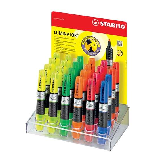 Stabilo Luminator Espositore da 24 pennarelli fluorescenti - Maggiore riserva d'inchiostro - Zona di presa - Tratto tra 2 e 5 mm - Colori: verde