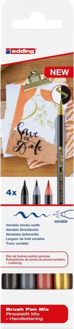 Edding 1340 Brush Confezione da 4 pennarelli - Punta a pennello flessibile - Tratto 1-3 mm - Inchiostro a base d'acqua - Colori: oro