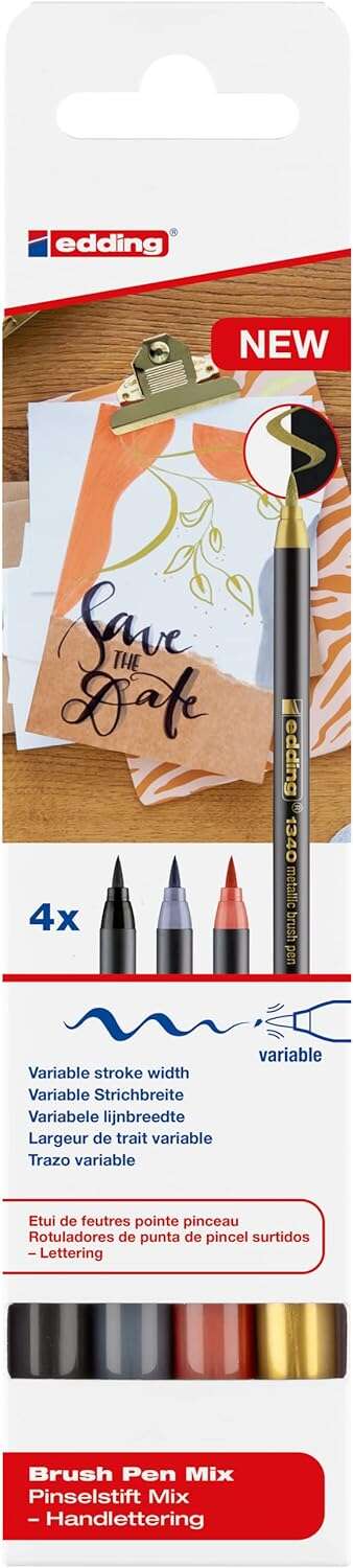 Edding 1340 Brush Confezione da 4 pennarelli - Punta a pennello flessibile - Tratto 1-3 mm - Inchiostro a base d'acqua - Colori: oro