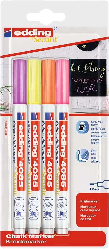 Edding 4085 Neon Confezione da 4 pennarelli a gesso liquido - Punta arrotondata - Tratto 1-3 mm - Odore neutro - Colori lampone