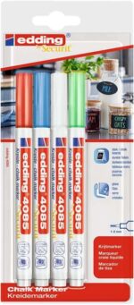 Edding 4085 Basicos Confezione da 4 pennarelli a gesso liquido - Punta arrotondata - Tratto 1-3 mm - Odore neutro - Colori: bianco