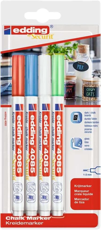 Edding 4085 Basicos Confezione da 4 pennarelli a gesso liquido - Punta arrotondata - Tratto 1-3 mm - Odore neutro - Colori: bianco