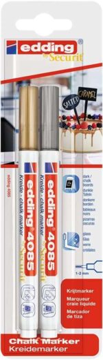 Edding 4085 Confezione da 2 pennarelli a gesso liquido - Punta rotonda - Tratto 1-3 mm - Odore neutro - Colore oro e argento