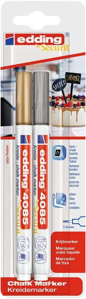 Edding 4085 Confezione da 2 pennarelli a gesso liquido - Punta rotonda - Tratto 1-3 mm - Odore neutro - Colore oro e argento