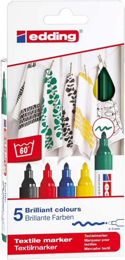 Edding 4500 Basicos Confezione da 5 pennarelli permanenti per tessuti - Punta tonda - Tratto 2-3 mm - Odore neutro - Asciugatura rapida - Colori: nero