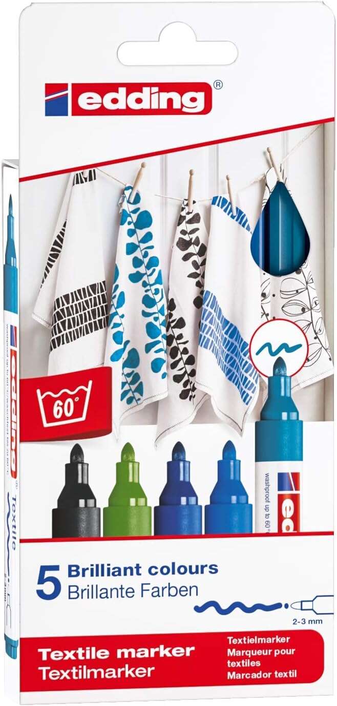 Edding 4500 Colori freddi Confezione da 5 pennarelli permanenti per tessuti - Punta tonda - Tratto 2-3 mm - Odore neutro - Asciugatura rapida - Colori: nero
