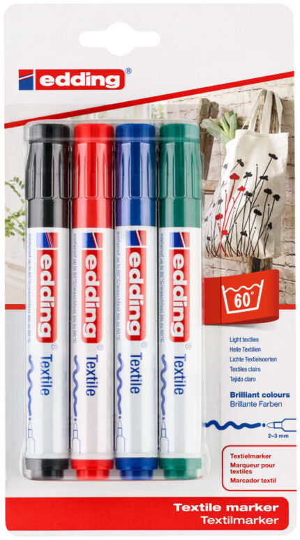 Edding 4500 Confezione da 4 pennarelli permanenti per tessuti - Punta tonda - Tratto 2-3 mm - Odore neutro - Asciugatura rapida - Colori: nero