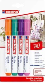 Edding 4500 Colori Divertenti Confezione da 4 pennarelli permanenti per tessuti - Punta tonda - Tratto 2-3 mm - Odore neutro - Asciugatura rapida - Colori arancione