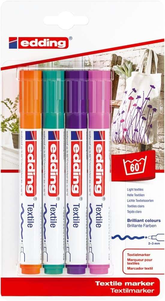 Edding 4500 Colori Divertenti Confezione da 4 pennarelli permanenti per tessuti - Punta tonda - Tratto 2-3 mm - Odore neutro - Asciugatura rapida - Colori arancione