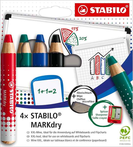 Stabilo MARKdry Confezione da 4 pennarelli per lavagna + temperino + panno per la pulizia - Mina XXL da 10 mm - Legno 100% certificato PRFC - Colori: blu