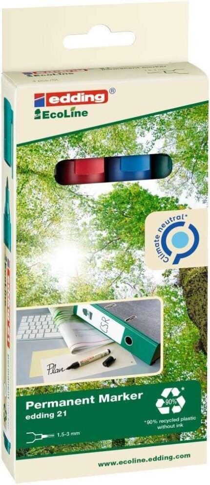 Edding 21 EcoLine Confezione da 4 pennarelli indelebili - Punta tonda - Tratto tra 1