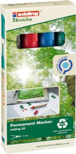 Edding 22 EcoLine Confezione da 4 pennarelli indelebili - Punta smussata - Tratto da 1 a 5 mm - 90% di plastica riciclata - Colori assortiti