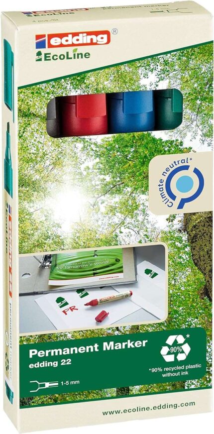 Edding 22 EcoLine Confezione da 4 pennarelli indelebili - Punta smussata - Tratto da 1 a 5 mm - 90% di plastica riciclata - Colori assortiti