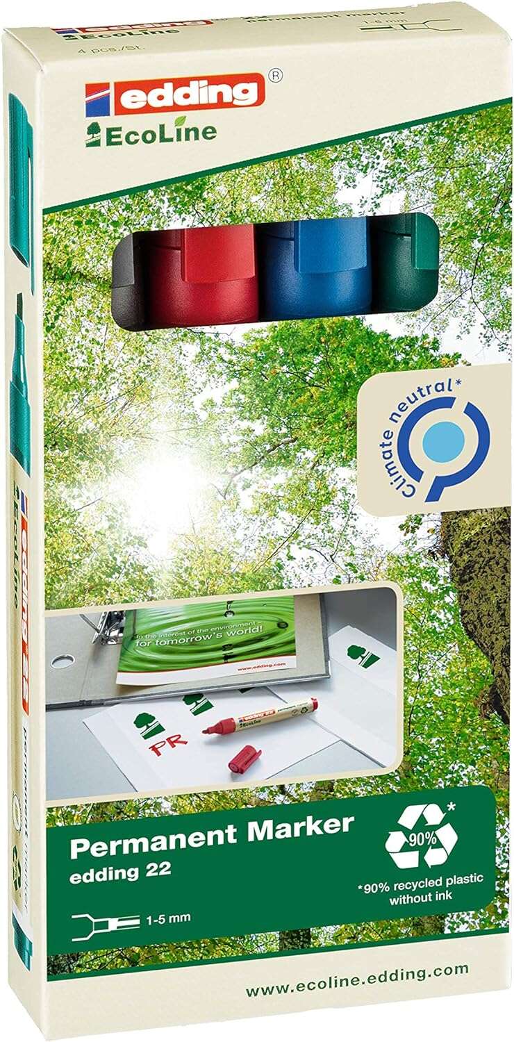 Edding 22 EcoLine Confezione da 4 pennarelli indelebili - Punta smussata - Tratto da 1 a 5 mm - 90% di plastica riciclata - Colori assortiti
