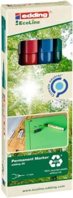 Edding 25 EcoLine Confezione da 4 pennarelli indelebili - Punta tonda fine - Tratto 1 mm - 90% di plastica riciclata - Colori assortiti