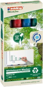 Edding 29 EcoLine Confezione da 4 pennarelli per lavagna bianca - Punta smussata - Tratto da 1 a 5 mm - 90% di plastica riciclata - Cancellabile a secco - Colori assortiti