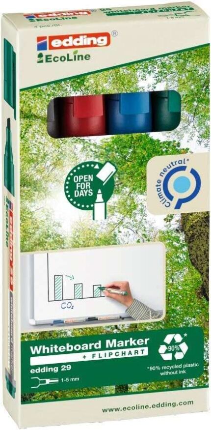 Edding 29 EcoLine Confezione da 4 pennarelli per lavagna bianca - Punta smussata - Tratto da 1 a 5 mm - 90% di plastica riciclata - Cancellabile a secco - Colori assortiti