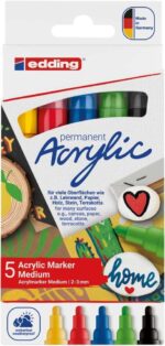 Edding 5100 Acrylic Confezione da 5 pennarelli permanenti acrilici - Punta tonda 2-3 mm - Tratto medio - Resistente alla luce - Asciugatura rapida - Colori assortiti