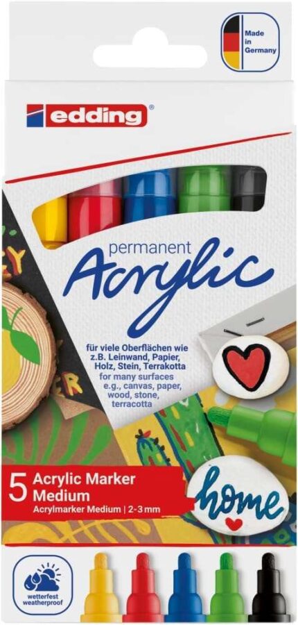 Edding 5100 Acrylic Confezione da 5 pennarelli permanenti acrilici - Punta tonda 2-3 mm - Tratto medio - Resistente alla luce - Asciugatura rapida - Colori assortiti