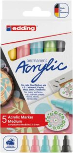 Edding 5100 Acrylic Confezione da 5 pennarelli acrilici permanenti pastello - Punta tonda 2-3 mm - Tratto medio - Resistente alla luce - Asciugatura rapida - Colori pastello assortiti