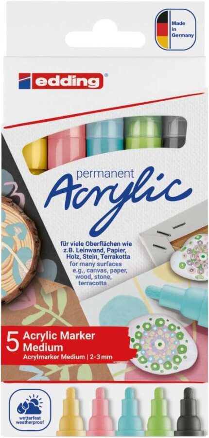 Edding 5100 Acrylic Confezione da 5 pennarelli acrilici permanenti pastello - Punta tonda 2-3 mm - Tratto medio - Resistente alla luce - Asciugatura rapida - Colori pastello assortiti