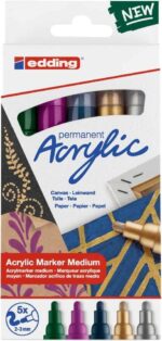 Edding 5100 Acrylic Confezione da 5 pennarelli permanenti acrilici metallizzati - Punta tonda 2-3 mm - Tratto medio - Resistente alla luce - Asciugatura rapida - Colori metallizzati assortiti
