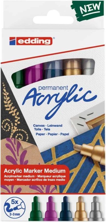 Edding 5100 Acrylic Confezione da 5 pennarelli permanenti acrilici metallizzati - Punta tonda 2-3 mm - Tratto medio - Resistente alla luce - Asciugatura rapida - Colori metallizzati assortiti