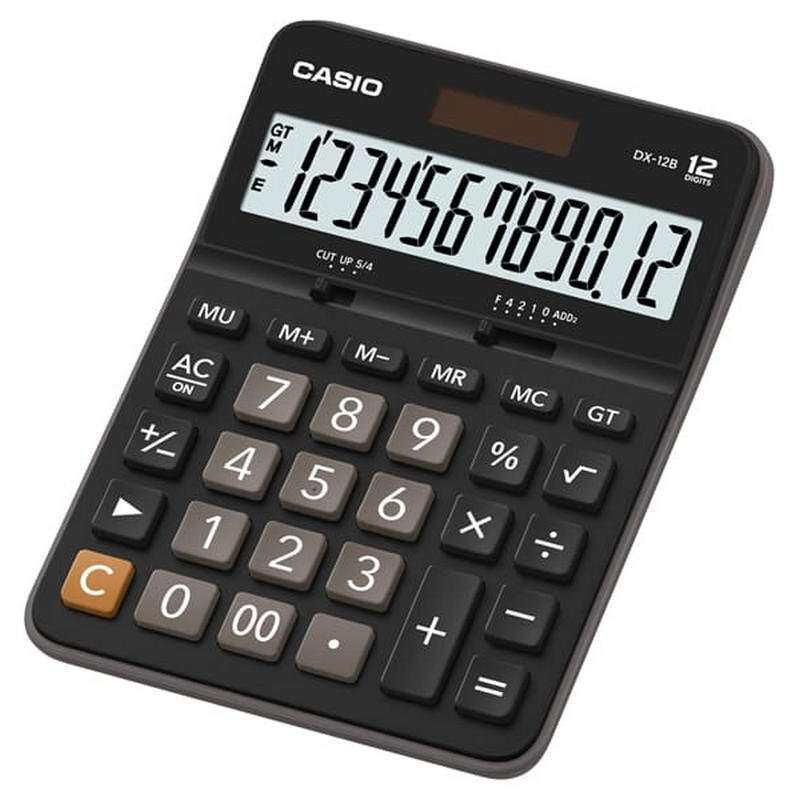 Casio DX-12B Calcolatrice da tavolo - Display LCD extra-large a 12 cifre - Alimentazione solare e a batterie - Colore nero