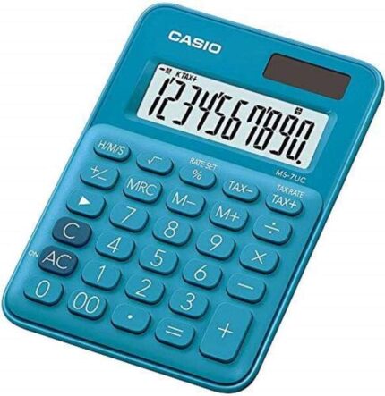 Casio MS-7UC Calcolatrice da tavolo a 10 cifre - Tasto doppio zero - Separatori di migliaia a 3 cifre - Pressione simultanea dei tasti - Alimentazione solare e a batterie - Colore blu