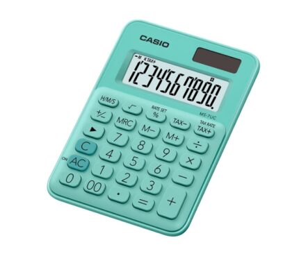 Casio MS-7UC Calcolatrice da tavolo a 10 cifre - Tasto doppio zero - Segnali di virgola a 3 cifre - Pressione simultanea dei tasti - Alimentazione solare e a batterie - Colore verde