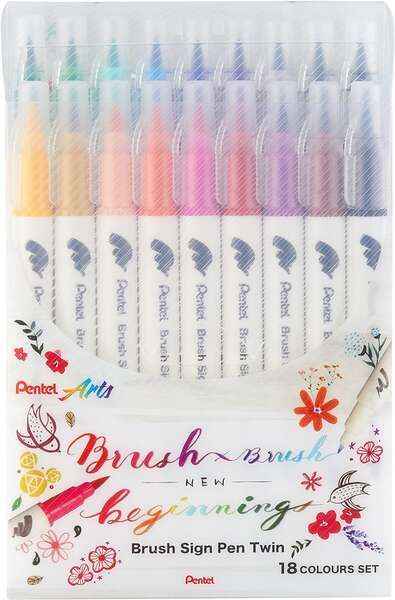 Pentel Brush Sign Pen Twin Confezione da 18 pennarelli con doppia punta a pennello flessibile - Punta larga 1-4 mm