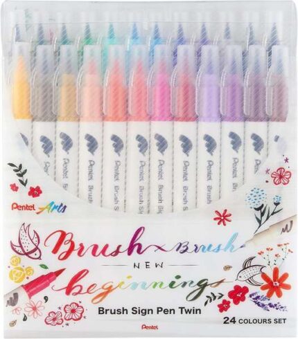 Pentel Brush Sign Pen Twin Confezione da 24 pennarelli con doppia punta a pennello flessibile - Punta larga 1-4 mm