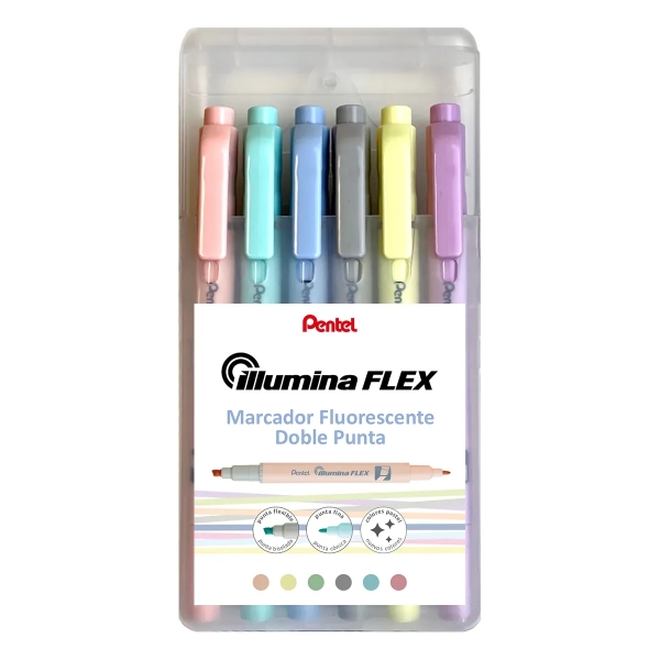 Pentel Illumina Flex Confezione da 6 pennarelli fluorescenti a doppia punta - Punta smussata con tratto da 1