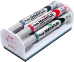 Pentel Maxiflo Confezione da 4 pennarelli per lavagna bianca + cancellino magnetico - Punta a pallottola - Larghezza tratto 2 mm - Regolazione del flusso d'inchiostro - Colori: nero