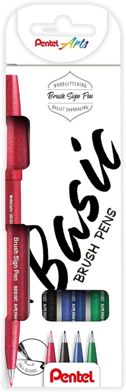 Pentel Brush Sing Pen Basic Confezione da 4 pennarelli con punta a pennello - Linee sottili o spesse a seconda della pressione - Realizzati con l'81% di plastica riciclata - Colori: nero