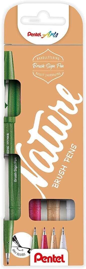Pentel Brush Sing Pen Nature Confezione da 4 pennarelli con punta a pennello - Linee sottili o spesse a seconda della pressione - Realizzati con l'81% di plastica riciclata - Colori verde oliva