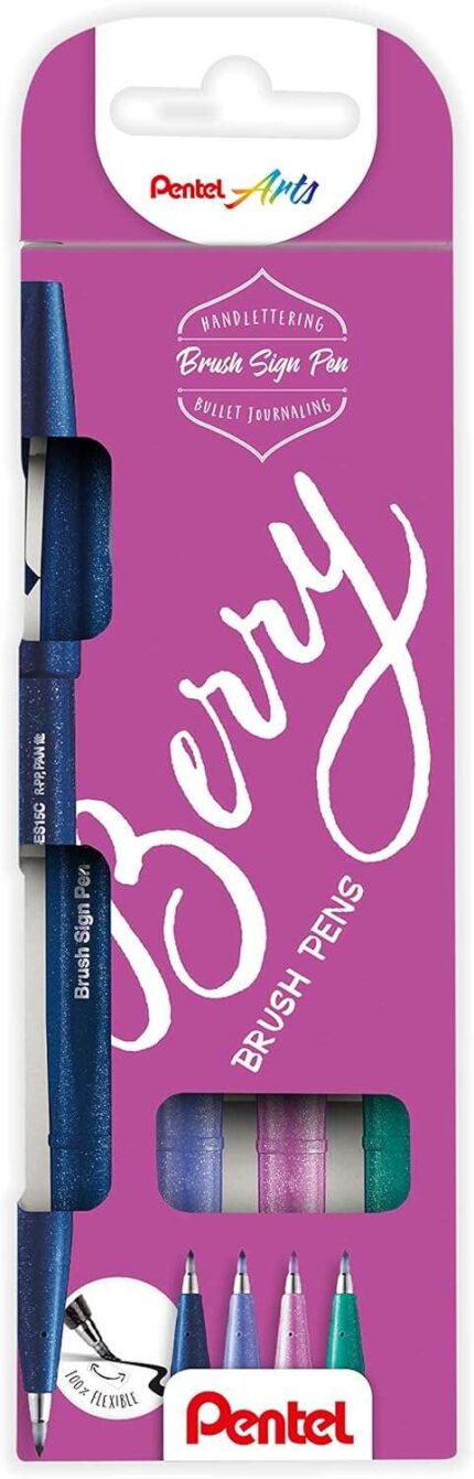 Pentel Brush Sing Pen Berry Confezione da 4 pennarelli con punta a pennello - Linee sottili o spesse a seconda della pressione - Realizzati con l'81% di plastica riciclata - Colori: blu navy