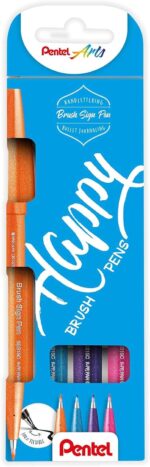 Pentel Brush Sing Pen Happy Pack da 4 pennarelli con punta a pennello - Linee sottili o spesse a seconda della pressione - Realizzati con l'81% di plastica riciclata - Colori: azzurro