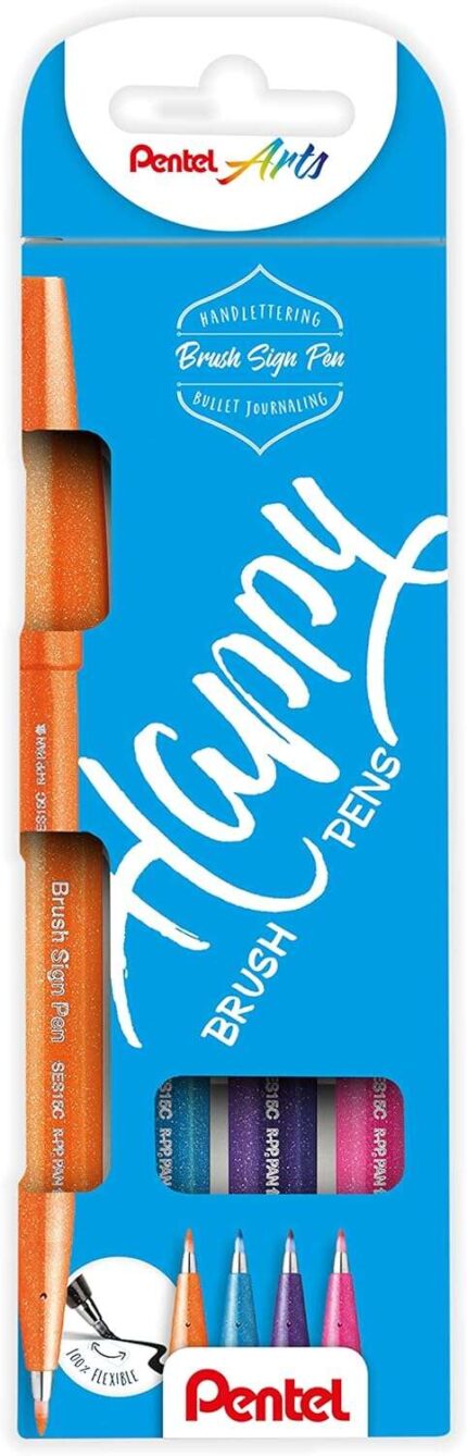Pentel Brush Sing Pen Happy Pack da 4 pennarelli con punta a pennello - Linee sottili o spesse a seconda della pressione - Realizzati con l'81% di plastica riciclata - Colori: azzurro