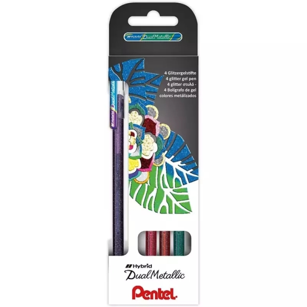 Pentel Hybrid Dual Metallic Confezione da 4 penne a sfera con inchiostro gel brillante - Punta da 1 mm - Tratto da 0