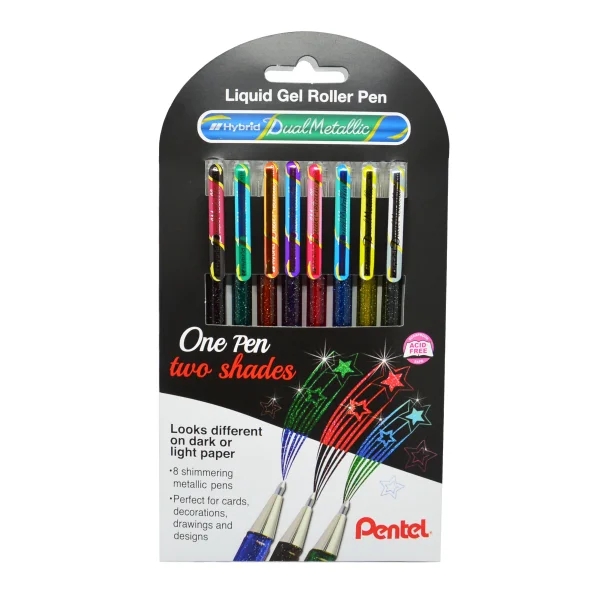 Pentel Hybrid Dual Metallic Confezione da 8 penne a sfera con inchiostro gel brillante - Punta da 1 mm - Tratto da 0