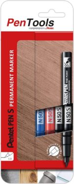 Pentel PenTools Confezione da 4 pennarelli permanenti industriali Pentel Pen N50S - Punta conica resistente e durevole - Tratto 1 mm - Resistente all'acqua e alla luce - Colori: 2x nero