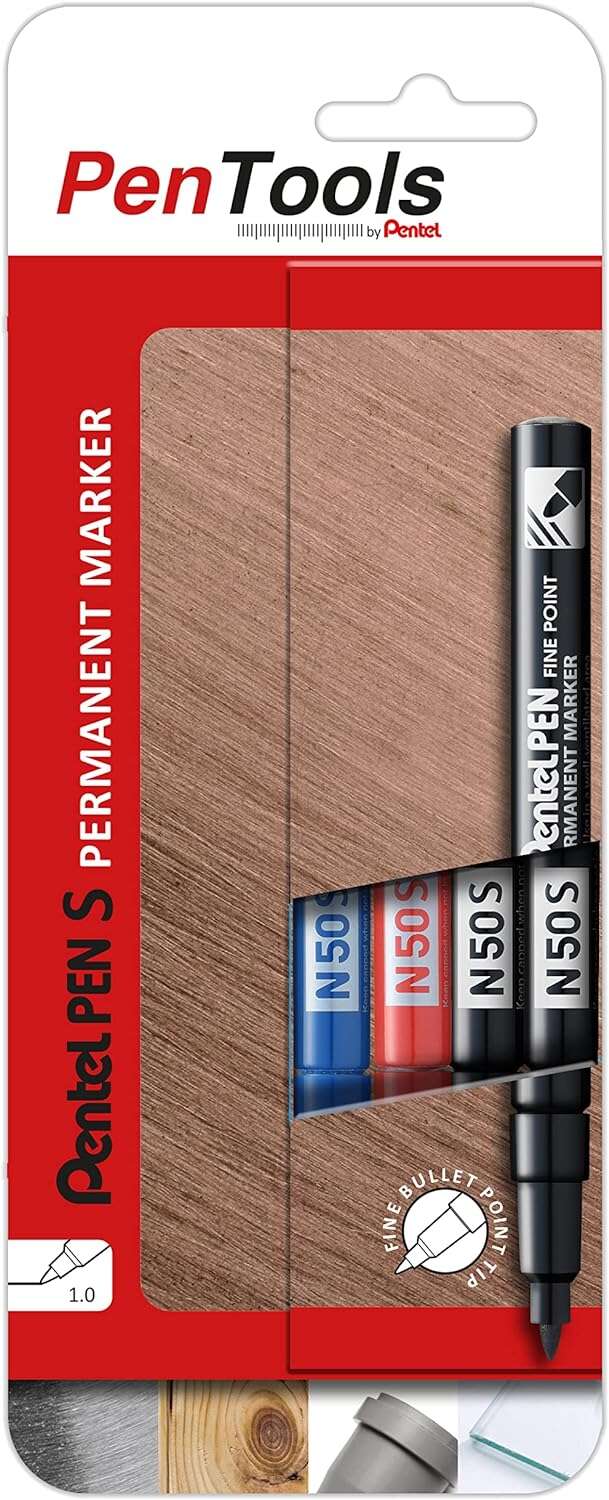 Pentel PenTools Confezione da 4 pennarelli permanenti industriali Pentel Pen N50S - Punta conica resistente e durevole - Tratto 1 mm - Resistente all'acqua e alla luce - Colori: 2x nero