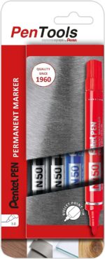 Pentel PenTools Confezione da 4 pennarelli permanenti industriali Pentel Pen N50 - Punta conica resistente e durevole - Tratto 2 mm - Resistente all'acqua e alla luce - Colori: 2x nero