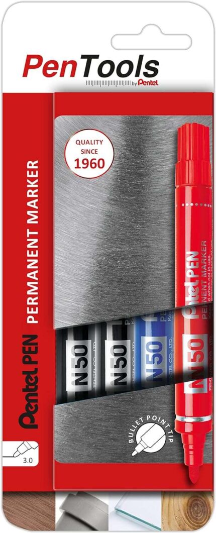 Pentel PenTools Confezione da 4 pennarelli permanenti industriali Pentel Pen N50 - Punta conica resistente e durevole - Tratto 2 mm - Resistente all'acqua e alla luce - Colori: 2x nero
