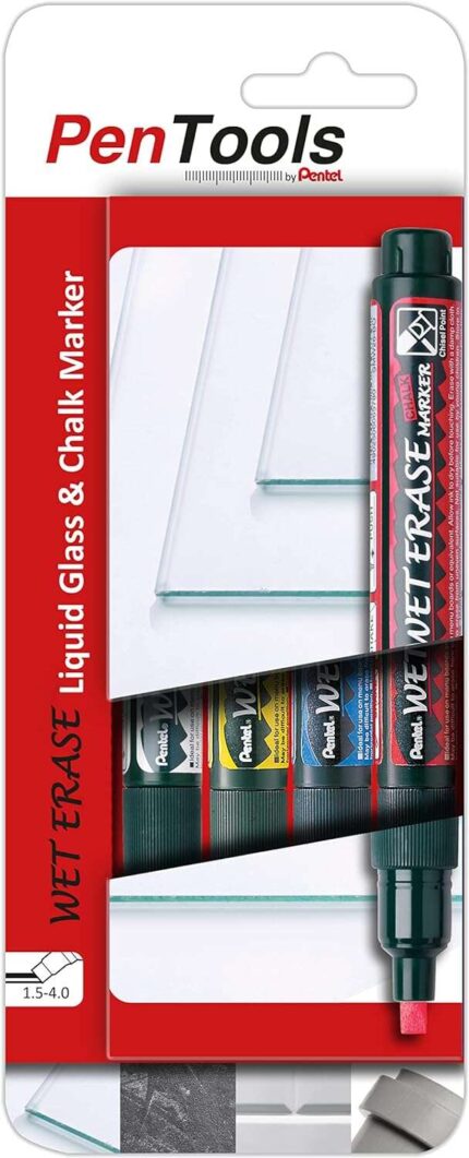 Pentel PenTools Confezione da 4 pennarelli a gesso liquido Wet Erase - Punta smussata reversibile 2-4 mm - Resistente alle intemperie su vetro - Colori: bianco